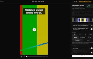 Editor with vertical preview, cut timeline, caption styles and framing controls.