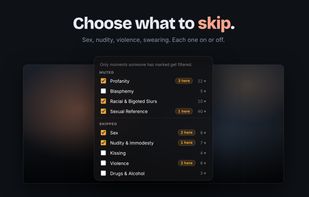 CutCat's settings: language groups like Profanity are muted, scene groups like Sex, Nudity and Violence are skipped, and each one switches on or off.