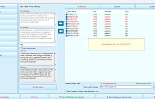 The Proxy Settings tab lets users add proxy servers by address, port, username, and password, or import them as a list. Each proxy is tested against a website the user chooses and marked working, not working, or untested by color. Users then choose whether crawling uses the checked proxies from the list.