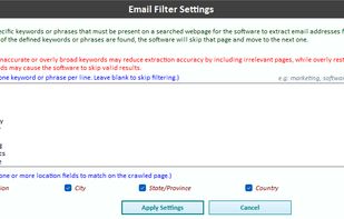 The Email Filter Settings window lets users limit extraction to relevant pages. Users enter one keyword or phrase per line, and the software extracts email addresses only from crawled pages that contain at least one of those keywords. Pages with none of the keywords are skipped.