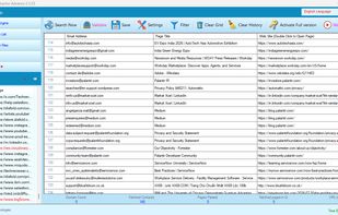 The email data grid shows every address Cute Web Email Extractor finds, listed with the title of the page and source page. A crawl status panel reports each page as OK, Not Found, or Server Not Responding. The toolbar provides Search Now, Validate, Save, Settings, Filter, Clear Grid, and Clear History. Buttons at the left to switch between extraction modes.