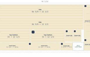 Numbered cutting diagram with sheet layout, part sizes and offcuts