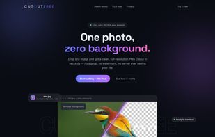 CutOutFree's landing page — drop a photo and get a clean, full-resolution PNG cutout in seconds, with no signup or upload required.