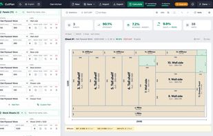 CutPlan.ai optimizer: parts list on the left, optimized sheet layout with efficiency and waste on the right
