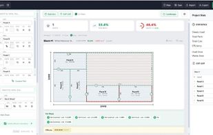 Optimized cutting layout with color-coded parts, waste percentage, and step-by-step cut instructions