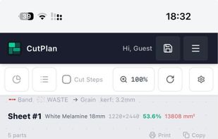 Mobile-responsive interface with cutting diagram and material settings