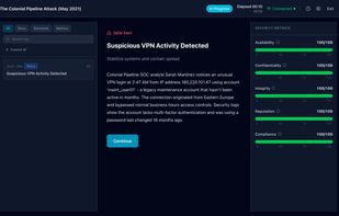 The scenario unfolds through realistic events, like a SIEM alert, and your team decides how to respond. Each choice moves the five security scores.