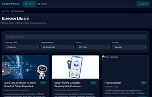 A library of ready-made scenarios, like AI agent data leaks and voice phishing, and many play free with no signup.