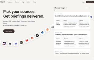 Daigest app homepage showing the headline "Pick your sources. Get briefings delivered." with an AI-generated briefing preview and source icons including RSS, YouTube, Slack, and Reddit.