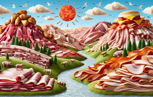 A vast landscape made entirely of various meats spreads out before the viewer.  tender, succulent hills of roast beef, chicken drumstick trees, bacon rivers, and ham boulders create a surreal, yet appetizing scene. the sky is adorned with pepperoni sun and salami clouds.