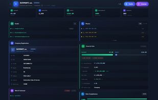Every profile includes verified emails and phone numbers, official registration data (ICO, DIC, VAT), financials like revenue and profit, employee counts, and a data completeness score.