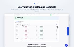 The What the AI fixed panel lists every corrected cell with its value before and after, grouped by column. Jump to the row it changed, or revert one change or a whole column on its own.