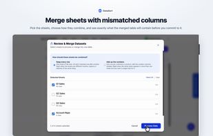 Pick the sheets to combine and choose how: keep every row, or add up the numbers for each customer or product. See what the merged table will contain before you commit, and the result arrives as a new tab with the originals untouched.
