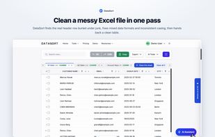 DataSort finds the real header row buried under junk rows, standardizes mixed date formats and fixes inconsistent casing, then returns a clean table. Every sheet in a workbook gets its own tab, cleaned one at a time or all together.