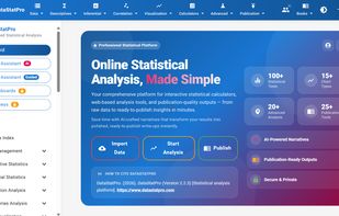 Online Statistical Analysis, Made Simple
Your comprehensive platform for interactive statistical calculators, web-based analysis tools, and publication-quality outputs — from raw data to ready-to-publish insights in minutes.

Save time with AI-crafted narratives that transform your results into polished, ready-to-publish write-ups instantly.