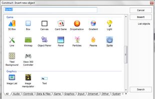 Construct has over 60 built-in plugins which can be dropped in to a layout and provide functionality.