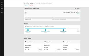 The monitoring interface showing active data transfer with progress tracking, status indicators, and detailed metrics. Displays current stream configuration, progress stages, performance statistics from source reader and target writers, and system logs for troubleshooting. Users can pause or stop transfers while monitoring data volume and transfer rates.