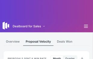 Dealboard on mobile: goal-based reports with proposal velocity, win rate and stage breakdown.