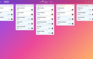 Dealboard pipeline: every deal on one Kanban board, with the Leads inbox in the nav