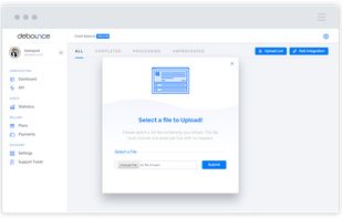 Upload your email list in a TXT or CSV format file by dragging a file into the dotted area and wait for application to process your list. Duplicated row will be indicated and you do not pay for duplicates.