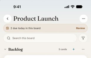 Deckloud iPhone Home view with Nextcloud Deck boards and due work.
