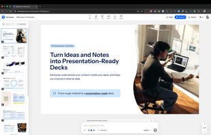 Deckwise slide editor showing an editable AI-generated presentation deck, with slide thumbnails, editing tools, presentation controls, and an AI assistant input for improving slides.