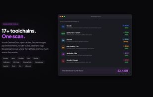 Developer Tools view listing detected toolchain caches: Xcode DerivedData, npm/Yarn/pnpm, Docker images, pip and Poetry, JetBrains IDEs, Gradle and Maven, with size and safety rating per row.
