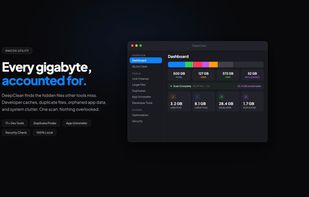 Dashboard view showing total disk usage broken down by category, with a bento grid of reclaimable space across Junk, Large Files, Developer artifacts, and Duplicates.
