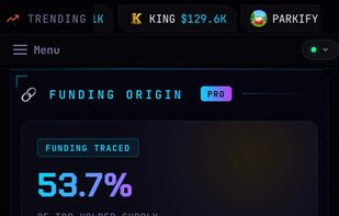 Traces the top 100 holders' funding back through multiple hops and matches each source against a KYC-tier registry - major exchange, standard exchange, or no-KYC.
