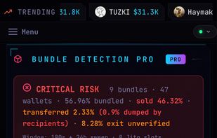 Coordinated launch buying: 9 bundles across 47 wallets took 56.96% of supply, then sold 46.32%. Tracks what each bundle did afterwards, including supply moved to hop wallets and dumped there.