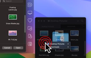 Click on a Finder window to go to it in a file dialog. Right-click on a tabbed Finder window to choose which tab you want