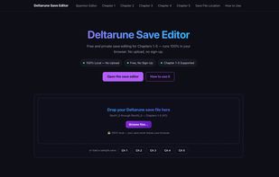 Browser save editor for Deltarune Chapters 1-5: edit money, items, HP and story flags with instant preview.