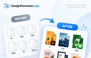File Explorer with Design Previewer: Before and After for AI, Sketch, PSD, CDR, XD, INDD and PDF files.