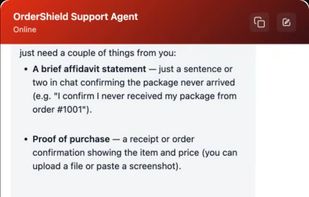 Resolves the ticket, not just answers it - mid-resolution, the agent collects what it needs (affidavit, receipt) and processes a real replacement order end-to-end, no human required.