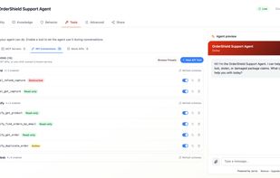 Real actions, real guardrails - wire up Shopify, PayPal, Zendesk, and more. Each tool is tagged Read-only, Action, or Destructive, with guardrails, so you control exactly what your agent is allowed to do.