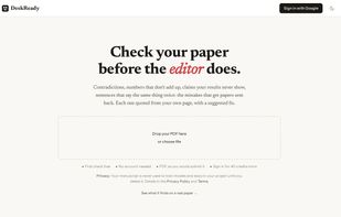 Upload page: drop the PDF as you would submit it. First check free, no account needed.
