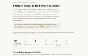 Report summary: findings grouped by type, each one quoting your own pages.