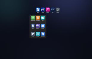 Folders sit on the desktop and expand on hover or click — here Work opens into a Grid of shortcuts.