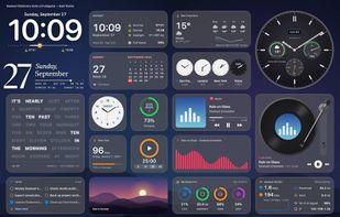 Deskset Stationery widgets in dark and light appearances, shown with sample data.