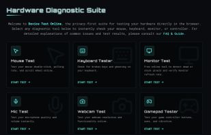 Landing page showing the available test menu.