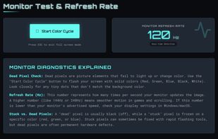 Tests screen pixels and displays monitor refresh rate.