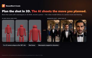 Block the scene in 3D-BOX; the AI video model follows the planned camera move and framing.