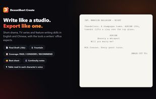 Professional script tools: Final Draft / Fountain export, coverage, beat sheet, continuity, table read.