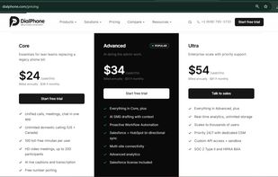 DialPhone pricing plans including Core, Advanced, and Ultra packages with business calling, AI automation, contact center capabilities, analytics, and enterprise communication features.