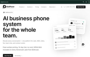 DialPhone homepage showcasing the AI-powered business phone system, cloud communications platform, business calling, SMS, video meetings, and team collaboration tools.