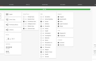 The Stats screen, from which you can roll ability checks and see your health, stats, and other attributes.
