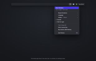 The whole app is the menu bar item: recent dictations, language, hotkey, sounds and start at login. There is no settings window.