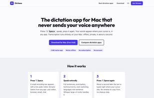 dictano.com home page: press the hotkey, speak, the text is typed where the cursor is.