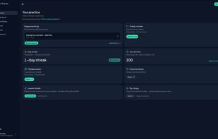 Your practice dashboard — continue your last lesson, daily review queue, day streak, mistakes book, and lesson studio in one place.