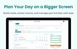 NatFit Diet Builder Pro dashboard showing daily meal entries with protein, carbs, fat, and calories tracked, Smart Fill feature, and a complete daily summary on desktop view.